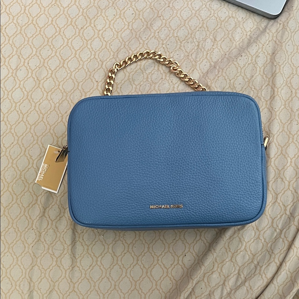 Michael Kors Blue Pebbled Leather Crossbody with Gold Chain